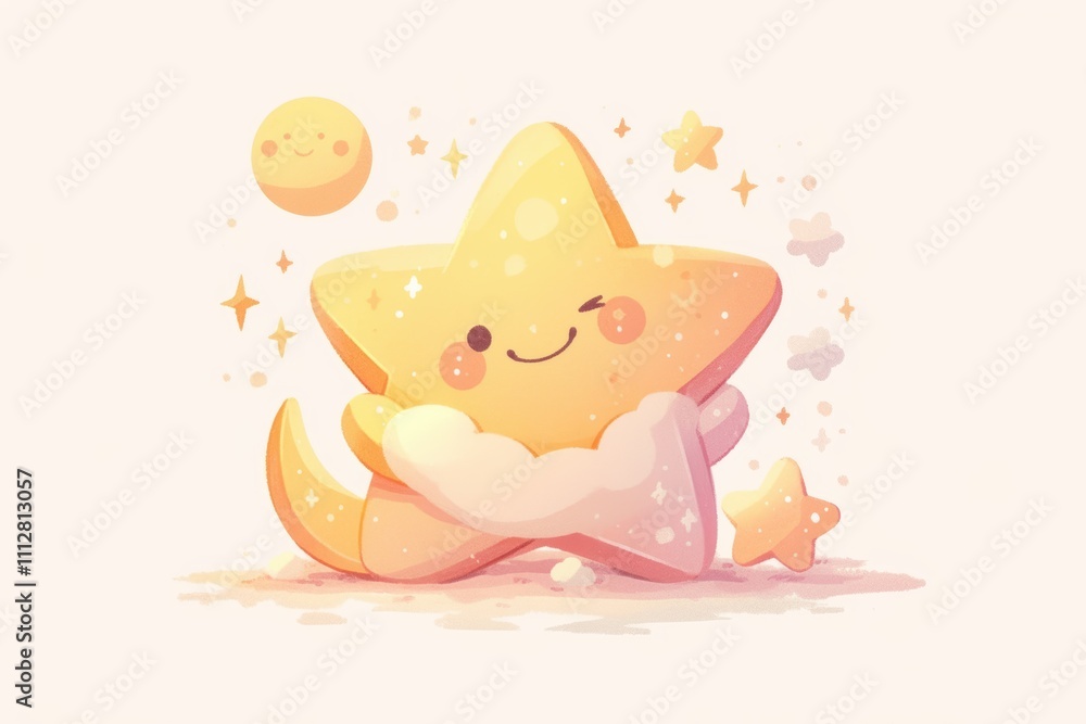 A cute, smiling star character with a moon and sparkles in a whimsical setting. A cute, smiling star character with a moon and sparkles in a whimsical setting.