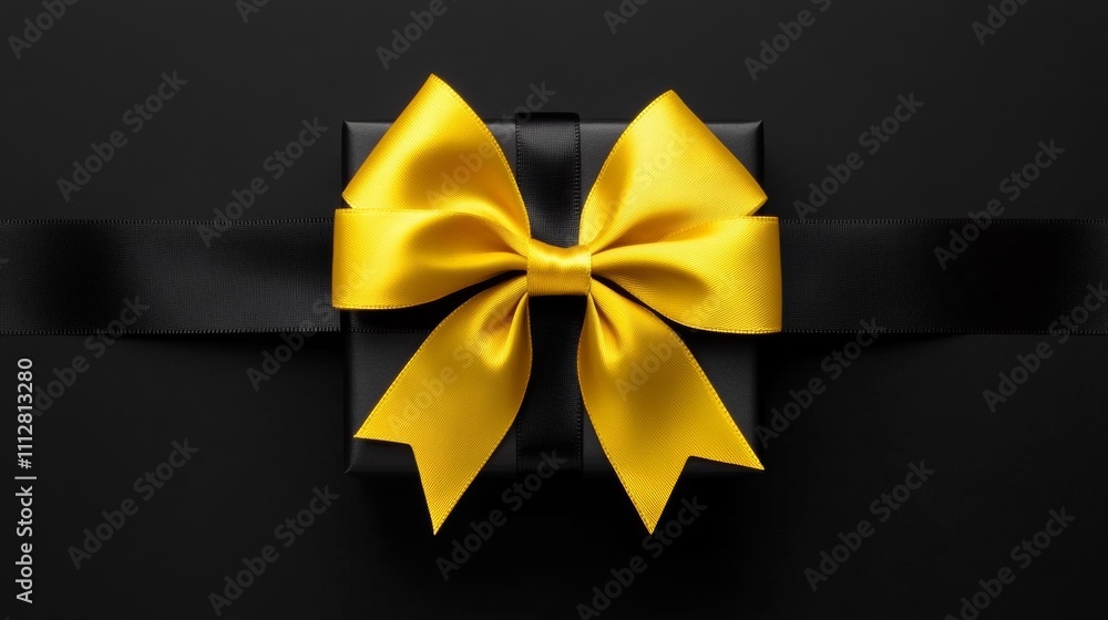 Black and gold ribbon bow with a shiny satin bow on a black background. Luxury gift decoration for presents during the holiday season, such as Black Friday or Christmas. Black and gold ribbon bow with a shiny satin bow on a black background. Luxury gift decoration for presents during the holiday season, such as Black Friday or Christmas.