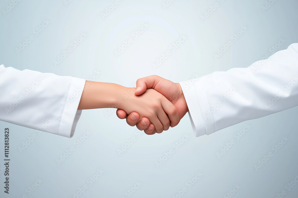 Professionals engage in a handshake to signify agreement in a healthcare setting Professionals engage in a handshake to signify agreement in a healthcare setting