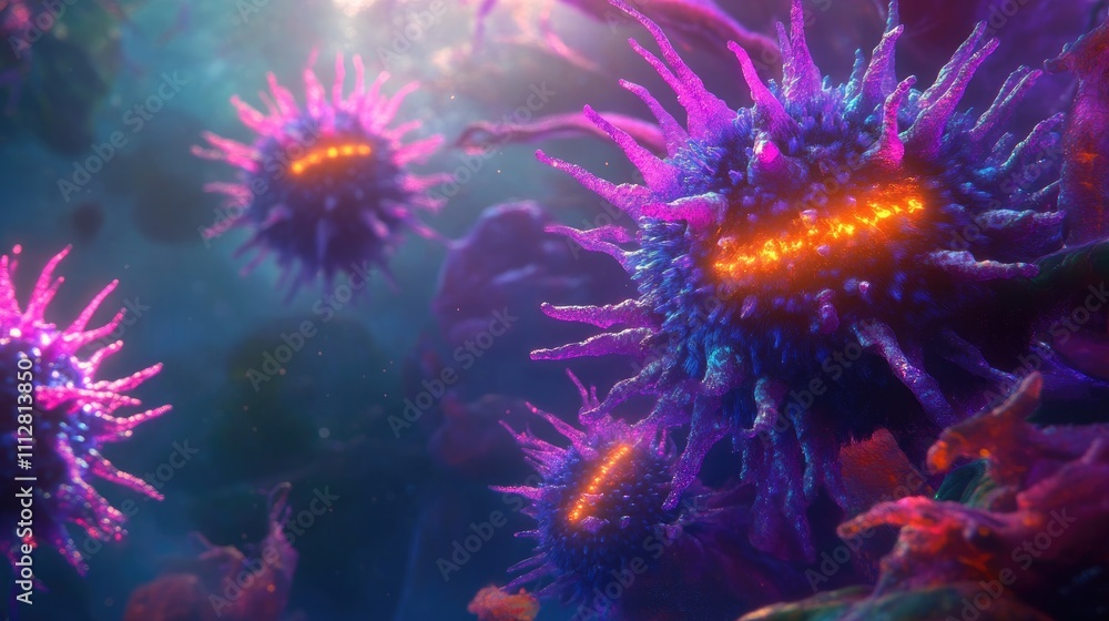 A menacing virus with glowing spikes floating in a vibrant microscopic environment, symbolizing a health threat. A menacing virus with glowing spikes floating in a vibrant microscopic environment, symbolizing a health threat.