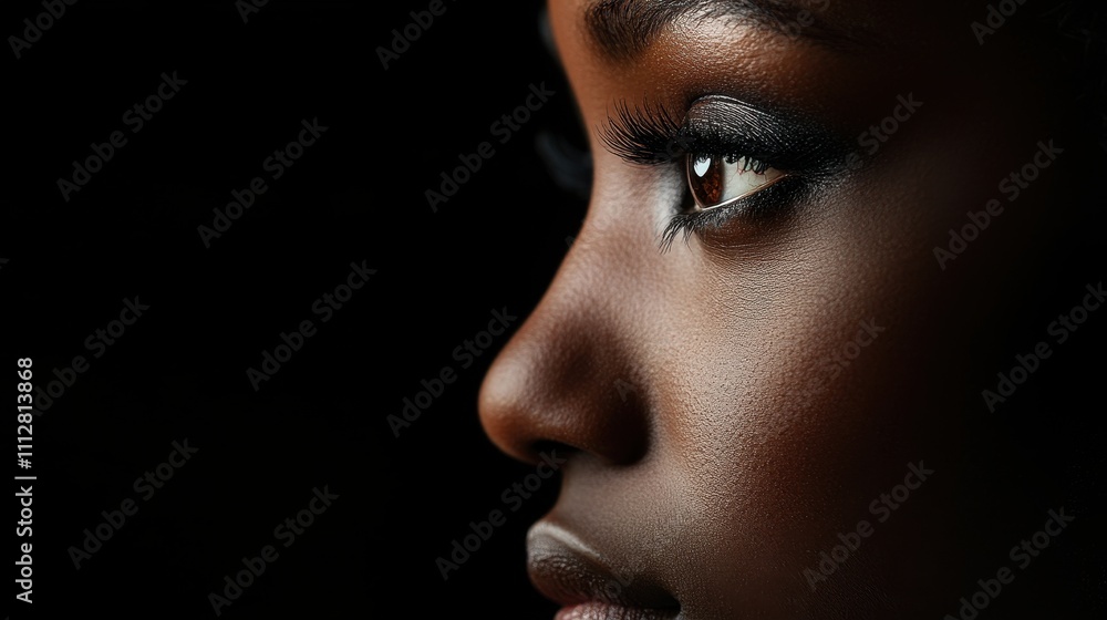 Closeup Profile Portrait of a Black Woman with Makeup, Elegant and Mysterious Gaze in Dark Background Closeup Profile Portrait of a Black Woman with Makeup, Elegant and Mysterious Gaze in Dark Background