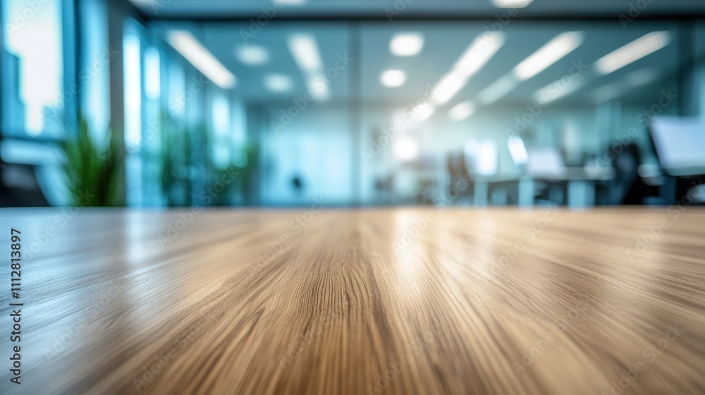 Blurred modern office interior seen from a wooden table. Blurred modern office interior seen from a wooden table.