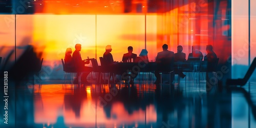 Blurred office setting featuring people in a business meeting, capturing the essence of teamwork and collaboration.