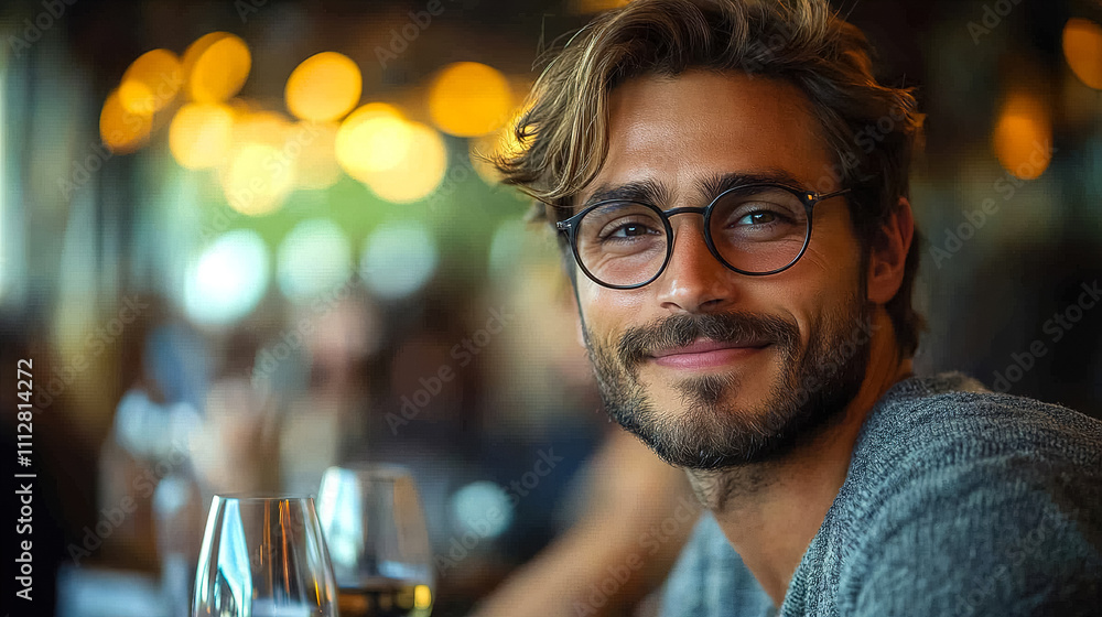Smiling man enjoying a lively evening in a cozy cafe with warm lighting and friendly atmosphere. Generative AI Smiling man enjoying a lively evening in a cozy cafe with warm lighting and friendly atmosphere. Generative AI