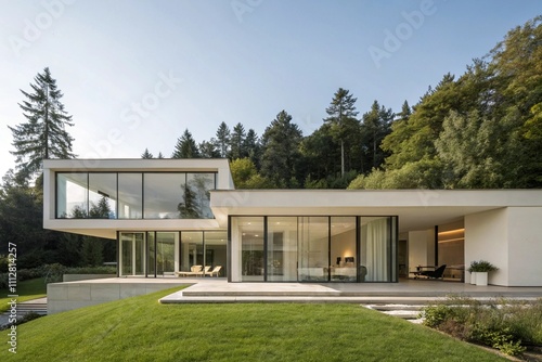 Minimalist modern home with clean lines, large windows, and seamless integration into natural surroundings