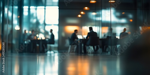 Engaged group within an office meeting space, blurred depiction highlighting collaboration and teamwork.