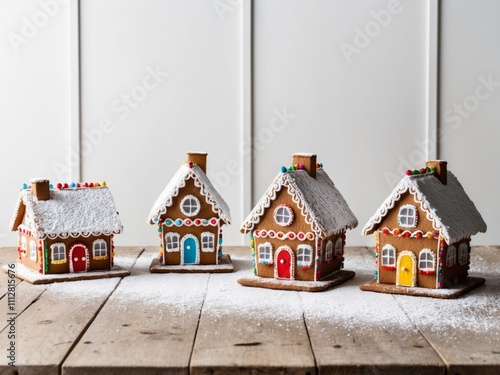 Gingerbread houses dusted with icing sugar on wooden table. photo