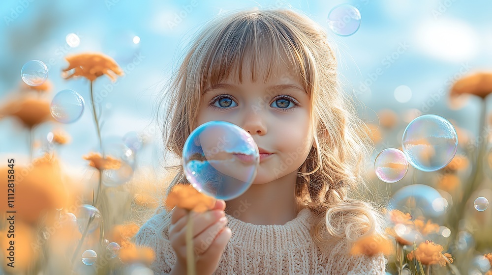 little girl blowing soap bubbles in the field with flowers on blue sky background little girl blowing soap bubbles in the field with flowers on blue sky background