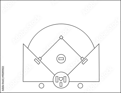 Baseball diamond Size and Dimension Vector Drawing Illustration. Baseball field markings. Baseball home plate diagram. Black outline scheme on white background
