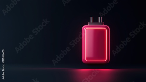 Minimalist glowing red battery icon with low charge, set against a dark abstract background, emphasizing modern energy concepts and futuristic design with space for text.