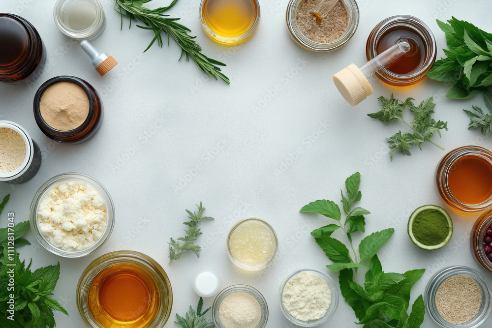 Collection of natural ingredients and herbs displayed on a table in a bright kitchen Collection of natural ingredients and herbs displayed on a table in a bright kitchen