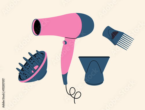 An illustration of a hair dryer and hair dryer attachments.