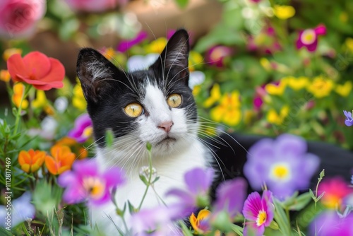 Cat In Flowers. Sweet European Shorthair Cat Lying Playfully Among Colorful Garden Flowers