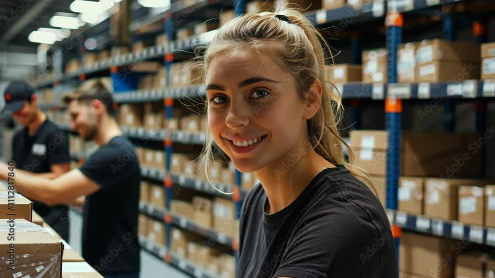 Young female warehouse worker in uniform looking confidently at the camera, surrounded by a busy workplace. Young female warehouse worker in uniform looking confidently at the camera, surrounded by a busy workplace.