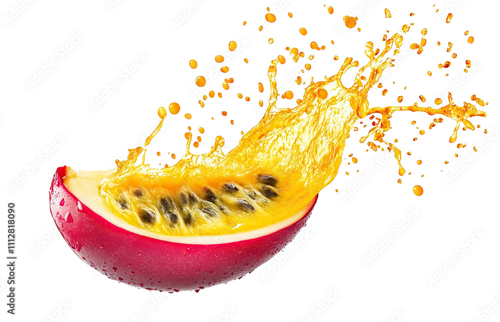 Fresh passion fruit slice with vibrant juice splash, isolated on transparent cutout background
Fresh passion fruit slice with vibrant juice splash, isolated on transparent cutout background