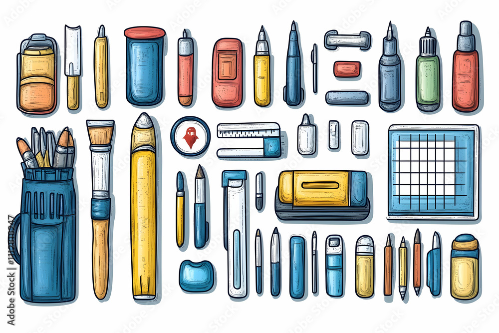 Obraz premium Colorful cartoon art supplies collection including pencils, pens, brushes, erasers, rulers, and more.