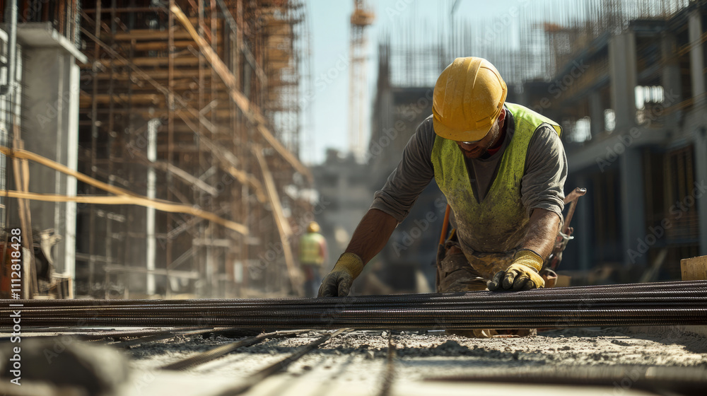 A worker in a yellow hard hat and safety vest carefully positions rebar on a construction site. Surrounding him are towering structures and ongoing construction activities A worker in a yellow hard hat and safety vest carefully positions rebar on a construction site. Surrounding him are towering structures and ongoing construction activities