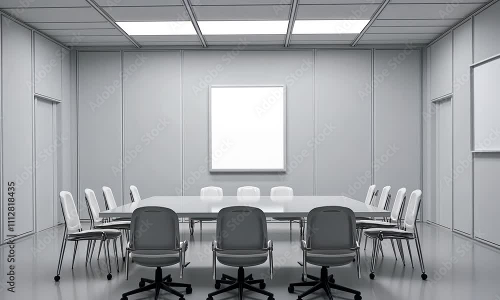 A minimalist conference room with a large table, white chairs, and a blank wall for presentations. A minimalist conference room with a large table, white chairs, and a blank wall for presentations.
