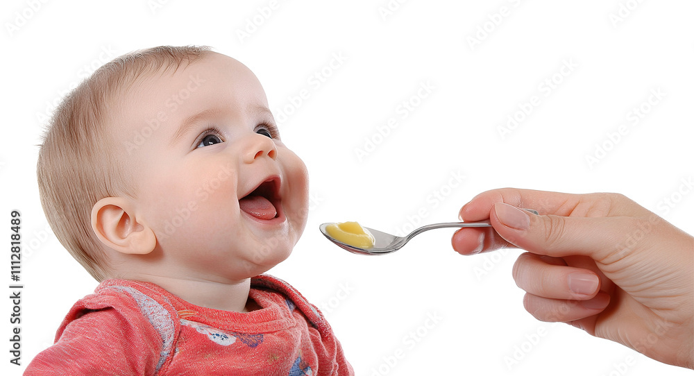 Happy baby being fed with a spoon, isolated on transparent cutout background
Happy baby being fed with a spoon, isolated on transparent cutout background