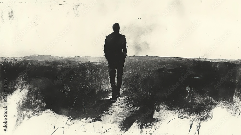 Fototapeta premium messiah sketch of a young man walking in the desert monochrome