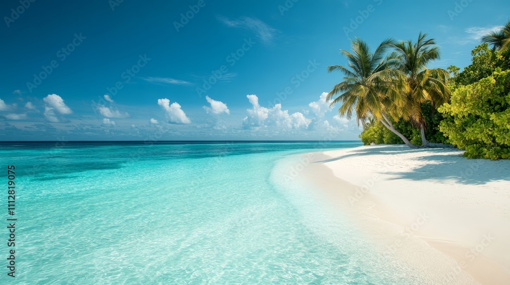 Fototapeta premium A pristine tropical beach features soft white sand meeting clear turquoise waters. Lush palm trees sway gently under the bright blue sky, creating a tranquil atmosphere perfect for relaxation