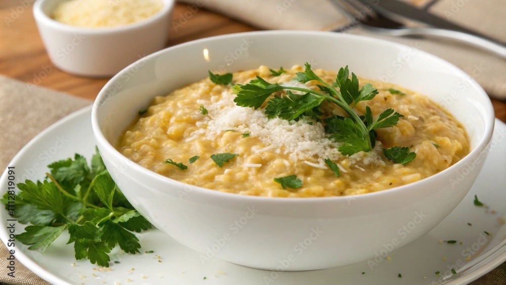 Creamy risotto garnished with fresh herbs and cheese served in a rustic bowl Creamy risotto garnished with fresh herbs and cheese served in a rustic bowl