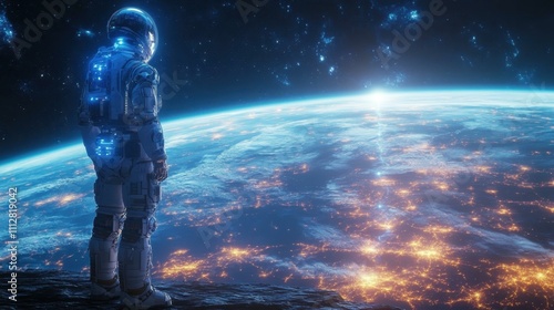 Fototapeta Naklejka Na Ścianę i Meble -  Cosmic Night Lights. Astronaut standing on space station window looking at Earth lights glowing during nighttime, futuristic technology exploration, science fiction backgrounds, cosmic discovery, spa