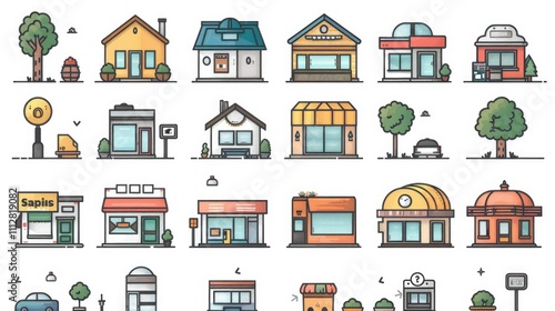 Collection of diverse building illustrations in a minimalist line art style.