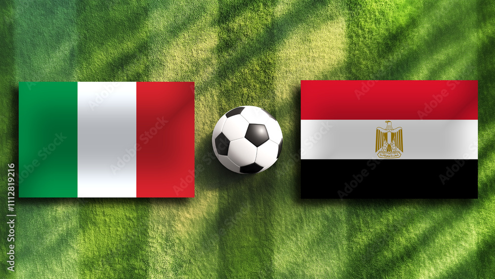 Italy and Egypt flag with soccer ball on field,copy space for text,sport concept. Italy and Egypt flag with soccer ball on field,copy space for text,sport concept.