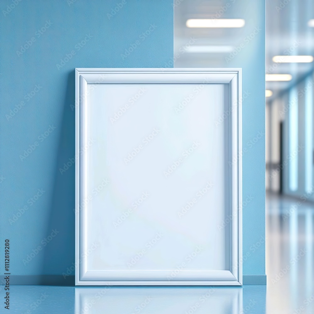 A blank frame hangs on a blue wall in a hospital corridor A blank frame hangs on a blue wall in a hospital corridor