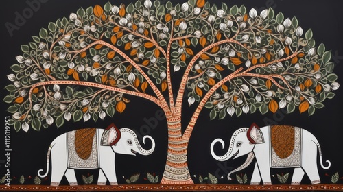 Madhubani Painting: Elephants under a Bountiful Tree