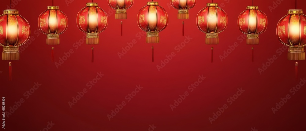 Fototapeta premium Chinese New Year A red background with a row of red lanterns hanging from it