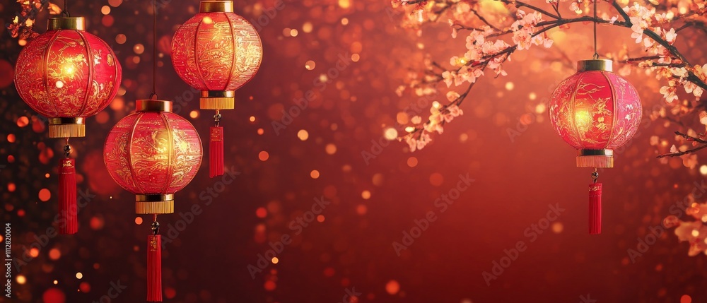 Chinese New Year A red background with four red lanterns hanging from a tree Chinese New Year A red background with four red lanterns hanging from a tree