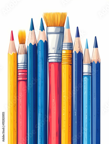 Colorful pencils and brushes arranged vertically on white background.