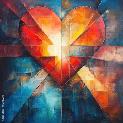 Heart Pierced by Rays of Light and a Cross in a Vibrant Mosaic Design with Abstract Colors