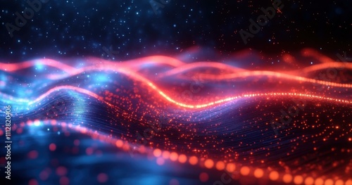 Light Particle Flow. Abstract digital wave glowing visualization with particles flowing, futuristic technology background for presentations, websites, sci-fi projects, neon blue and red lights dynami