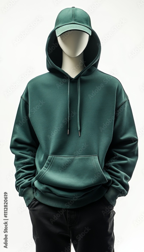 Deep Green Hoodie and Baseball Cap on Mannequin Display Deep Green Hoodie and Baseball Cap on Mannequin Display