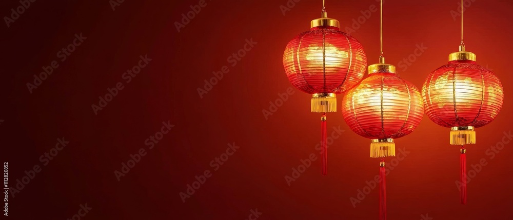 Chinese New Year Three red lanterns hanging from the ceiling