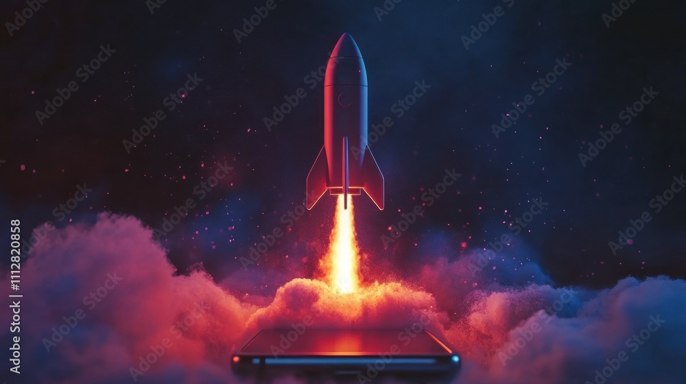 Obraz premium Rocket launching from a smartphone, symbolizing innovation.