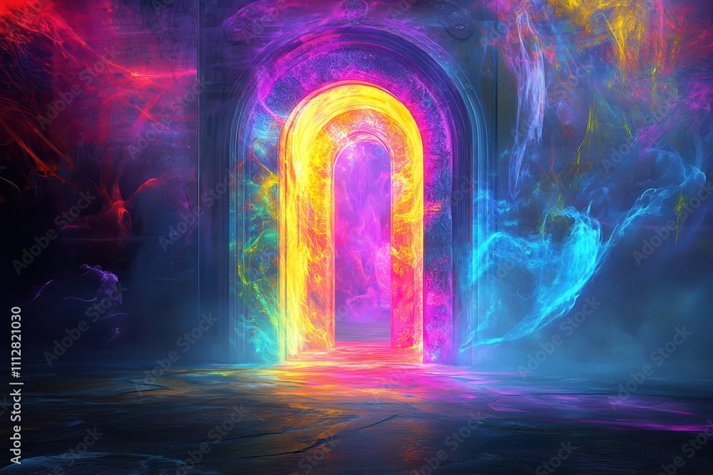Ethereal Gate of Heaven with Abstract Neon Color Hues and Glowing Light in a Mystical Setting Ethereal Gate of Heaven with Abstract Neon Color Hues and Glowing Light in a Mystical Setting