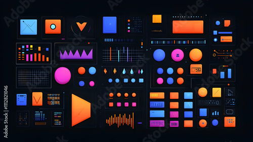 Colorful UI elements, charts, and graphs on a dark background.