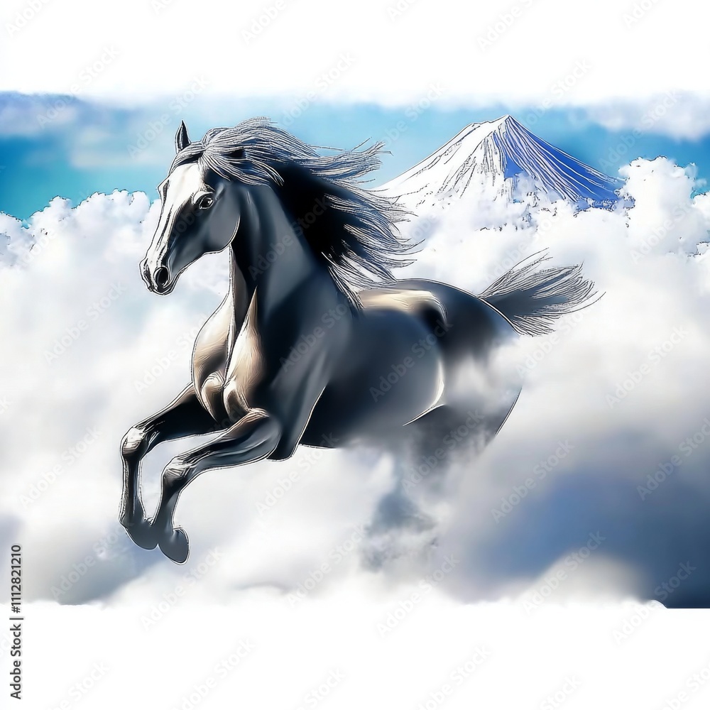 Celestial Stallion Soaring Above Fuji's Snowy Peak Celestial Stallion Soaring Above Fuji's Snowy Peak