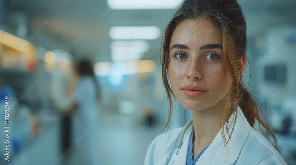 Confident female doctor in lab coat looking at camera. Confident female doctor in lab coat looking at camera.