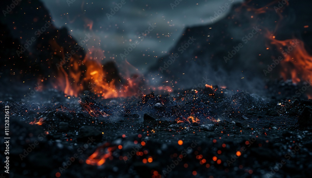 Fototapeta premium A charred landscape at twilight, remnants of a recent fire