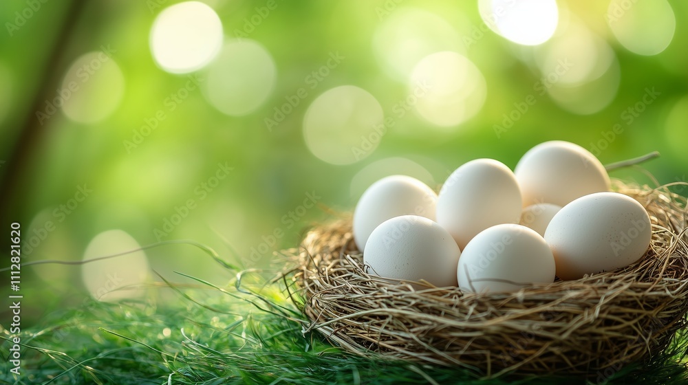 Nest with white eggs on a blurred green background Nest with white eggs on a blurred green background