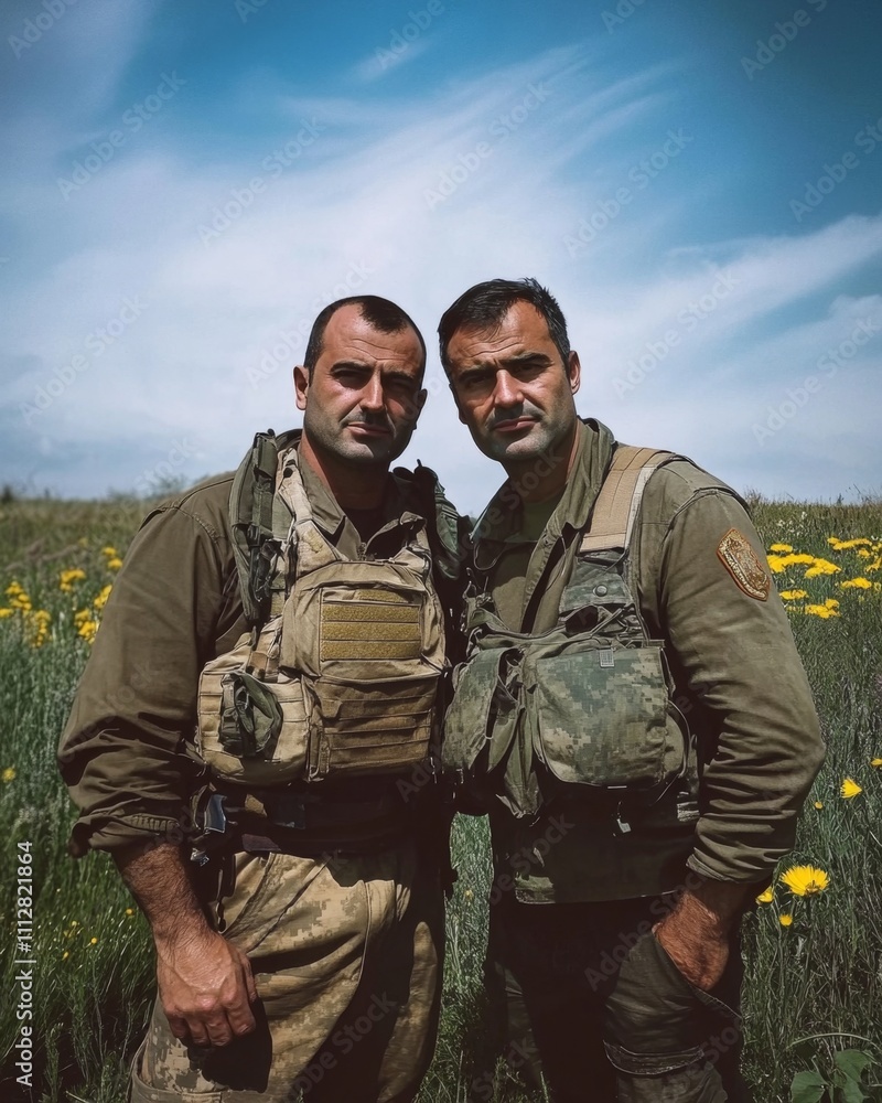 Two Soldiers Stand Together in a Field of Flowers Two Soldiers Stand Together in a Field of Flowers