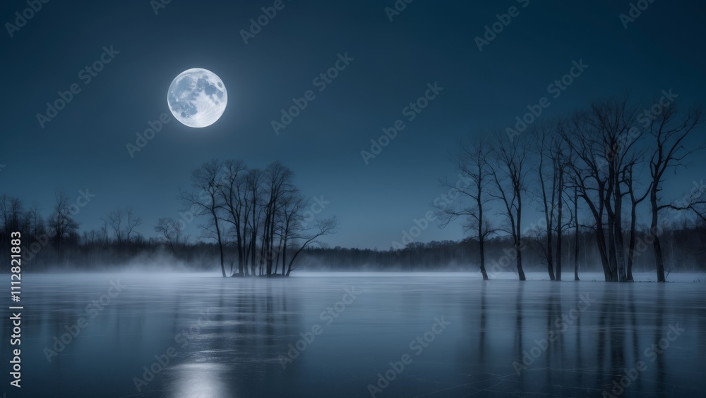 Full Moon Over a Frozen Lake with Bare Trees. Full Moon Over a Frozen Lake with Bare Trees.