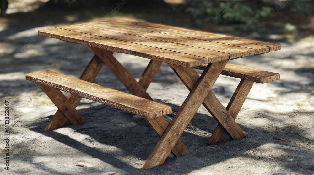 Rustic Wooden Picnic Table in a Sunny Forest Setting Rustic Wooden Picnic Table in a Sunny Forest Setting