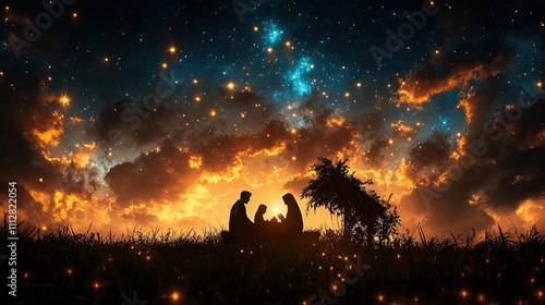 nativity silhouette of the stable with the holy family digital painting