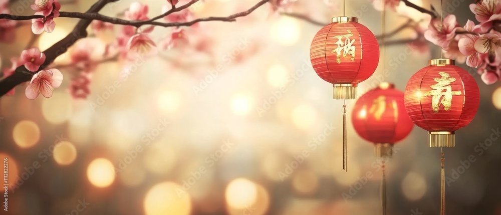 Chinese New Year A red lantern with Chinese characters on it hangs from a tree Chinese New Year A red lantern with Chinese characters on it hangs from a tree